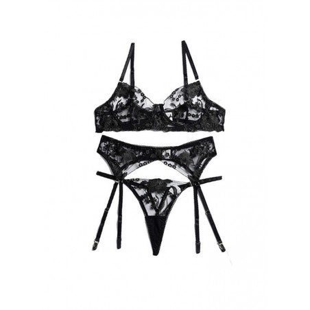 Ensemble sexy 3 pièces soutien gorge string et porte-jarretelle dentelle noir