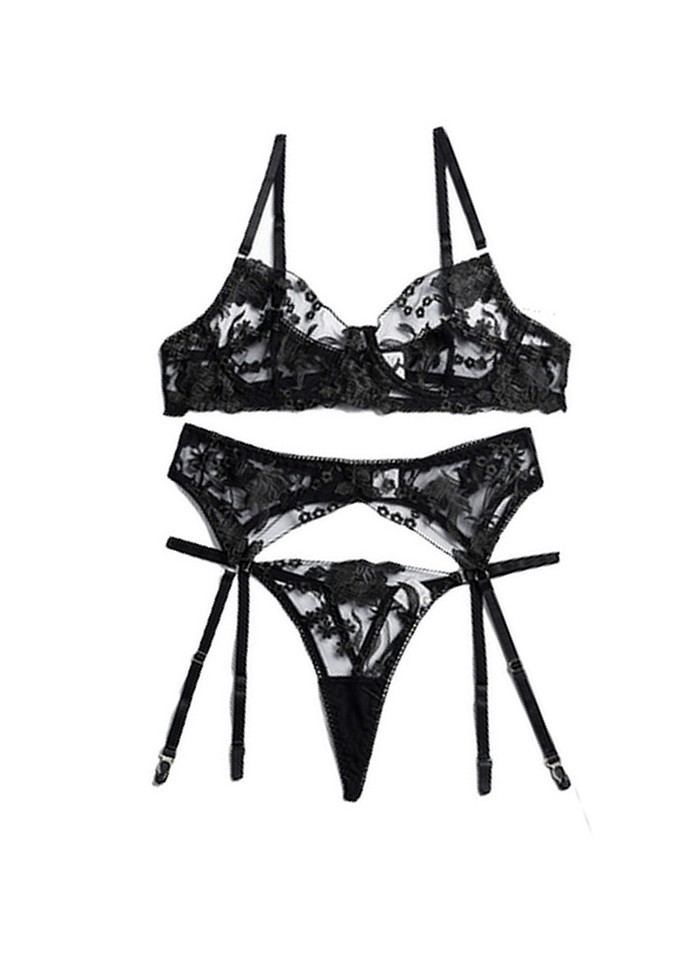 Ensemble sexy 3 pièces soutien gorge string et porte-jarretelle dentelle noir