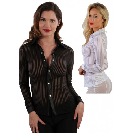 Chemisier sexy pour femme en tulle transparent blanc ajourée à manches longues