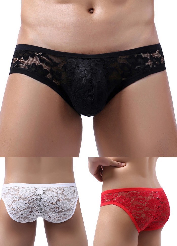 Slip homme en dentelle transparente  rouge, noir, blanc sophie libertine