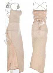 Robe longue coquine pas cher à paillettes lurex beige avec décolleté dos nu Sophie Libertine vannes