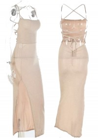 Robe longue coquine pas cher à paillettes lurex beige avec décolleté dos nu Sophie Libertine vannes