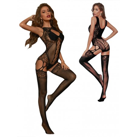 Combinaison ouverte en résille et dentelle noire en vente chez Sophie Libertine Vannes