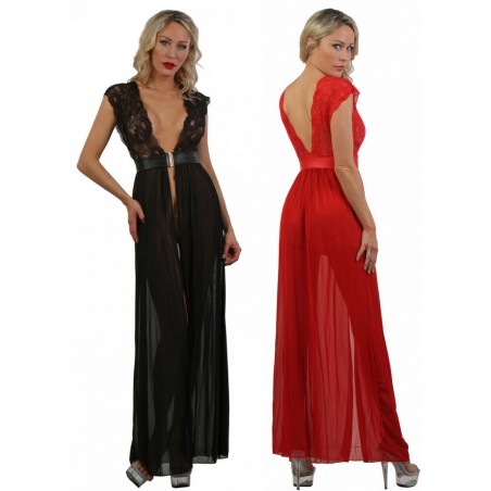 Long déshabillé Pénélope tulle et dentelle noir-rouge