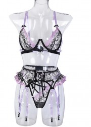 Lingerie sexy pour femme noir et violet avec porte jarretelle jupette