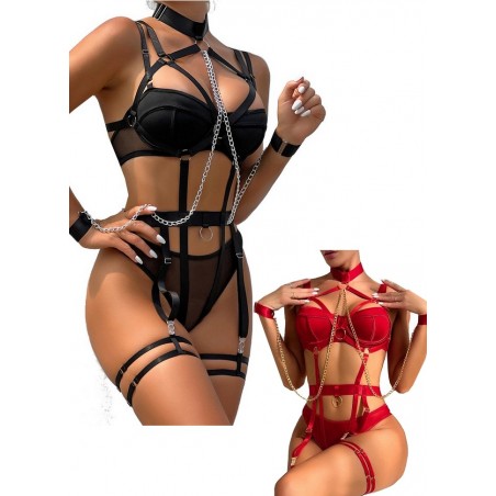 Ensemble lingerie esprit bondage + Harnais  noir-rouge