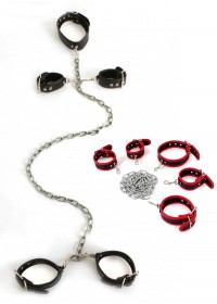 Kit 4 menottes & collier aspect cuir noir + chaîne rouge-noir