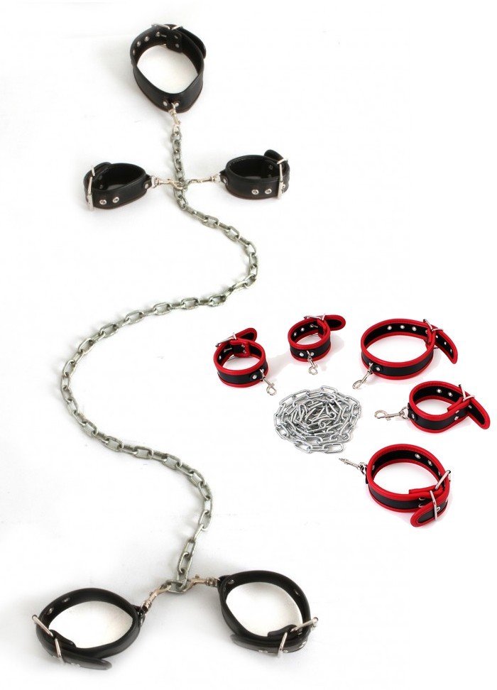 Kit 4 menottes & collier aspect cuir noir + chaîne rouge-noir