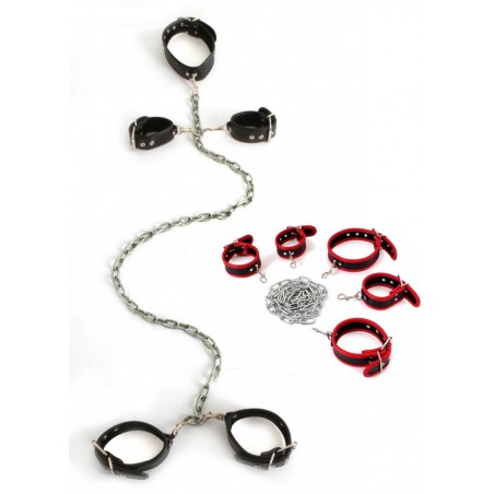 Kit 4 menottes & collier aspect cuir noir + chaîne rouge-noir