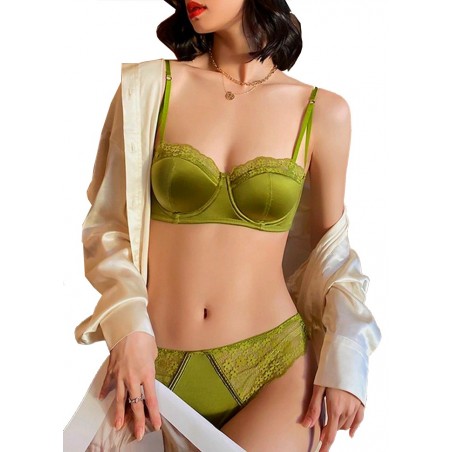 Lingerie sexy pour femme vert olive soutien gorge satinée et culotte dentelle