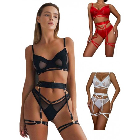 sophie libertine lingerie sexy pour femme ensemble porte jarretelle bondage noir-rouge-blanc