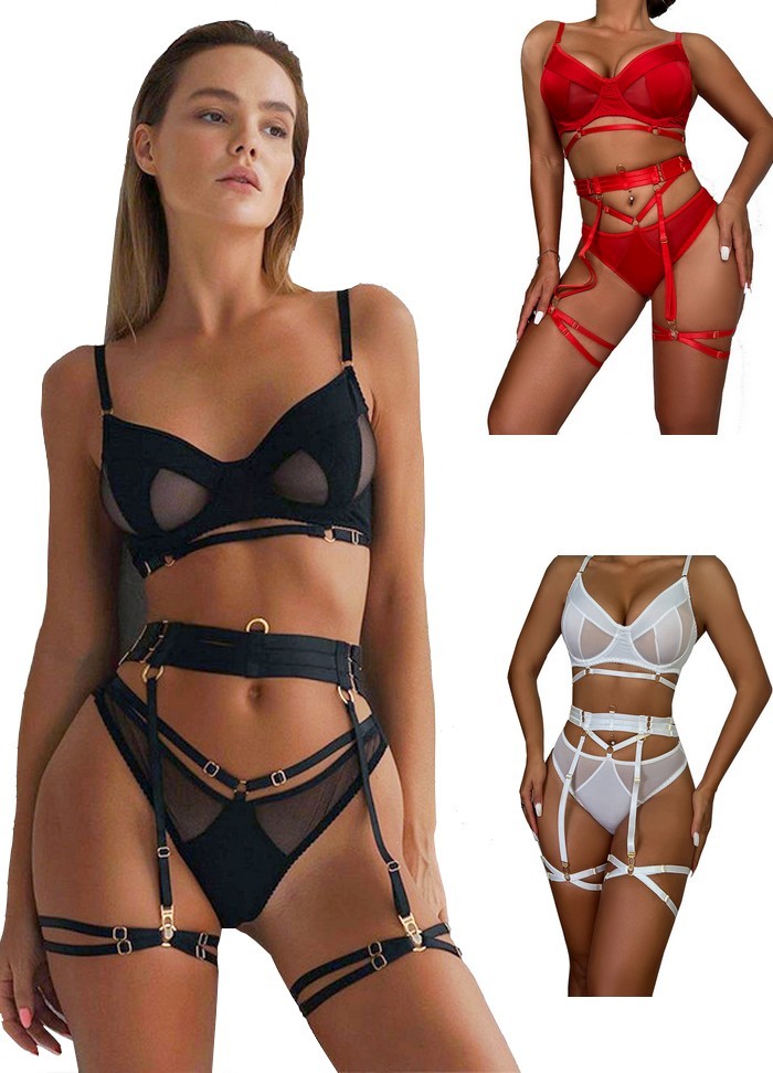 sophie libertine lingerie sexy pour femme ensemble porte jarretelle bondage noir-rouge-blanc