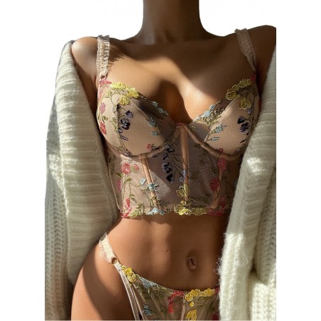 Ensemble lingerie 2 pièces Fiona Bustier & String Beige fleurs pastel