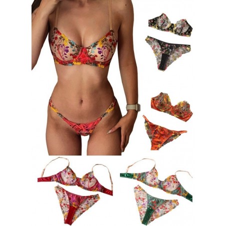 Ensemble lingerie Soutien gorge & Tanga Fiona rouge-vert-orange-vert-noir