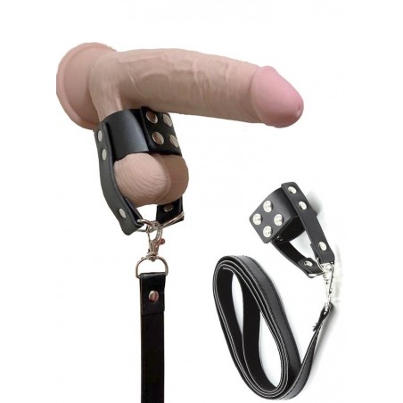 Cockring parachute sangle de testicules avec laisse aspect cuir noir