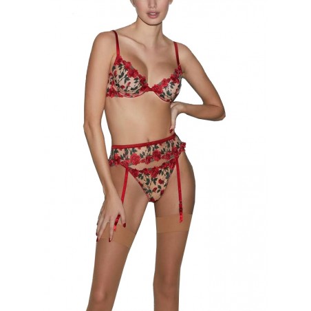 Lingerie sexy pour femme Rosalia ensemble en tulle brodé rose rouge