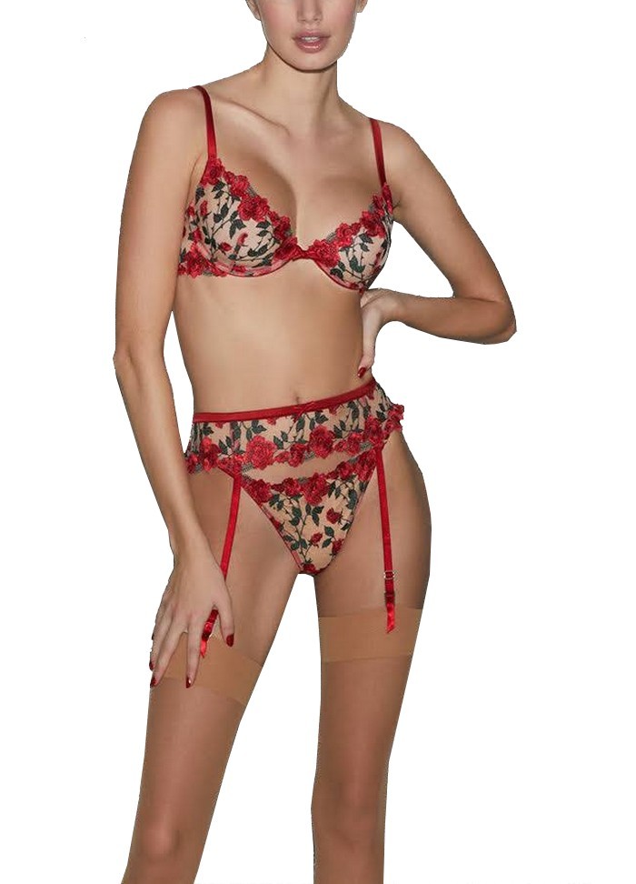Lingerie sexy pour femme Rosalia ensemble en tulle brodé rose rouge
