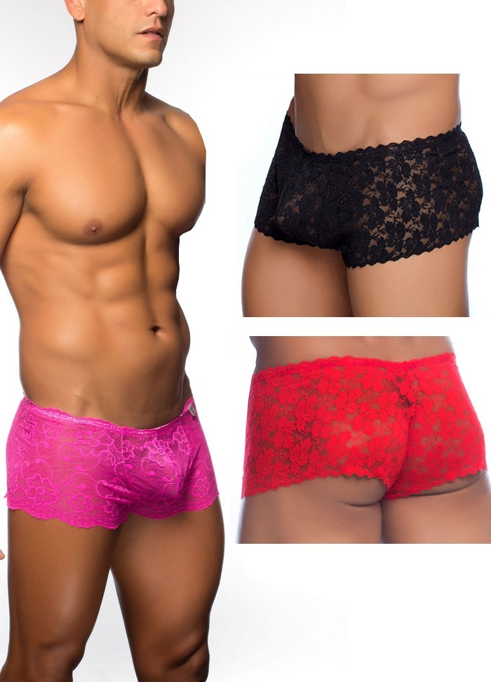 Shorty homme en dentelle Rose Lace Boy Short rose, noir, rouge