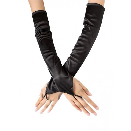 gants sexy pour femme ou travestie en satin noir et doigts nus