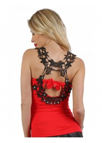 Top sexy pour femme en maille fine tissu extensible rouge avec bretelles en dentelle sophie libertine Rennes