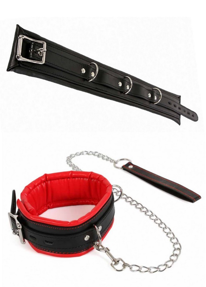 Collier large 3 points d'attache avec laisse noir-rouge sophie libertine