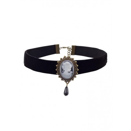 Collier ras de cou en velours noir avec bijou camée noir et blanc et perle noir esprit gothique