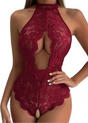 Body sexy pour femme couleur bordeaux en dentelle transparente avec ouverture entre les jambes