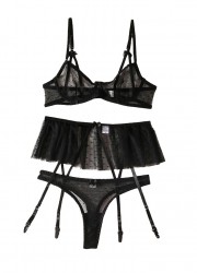Lingerie coquine pour femme en dentelle tulle transparent noir avec soutien-gorge string et porte-jarretelles
