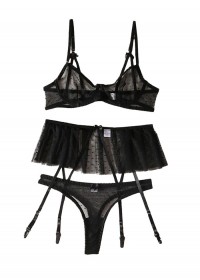 Lingerie coquine pour femme en dentelle tulle transparent noir avec soutien-gorge string et porte-jarretelles