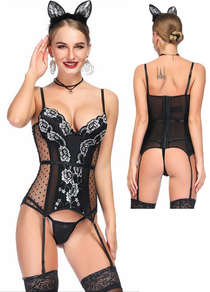 Lingerie coquine pour femme Guêpière en dentelle noir et blanche