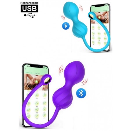 Boules de geisha vibrante connectée télécommandée & rechargeable bleu-violet