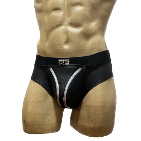 Slip homme zipp entre fesses et coque amovible Aspect cuir noir-argent