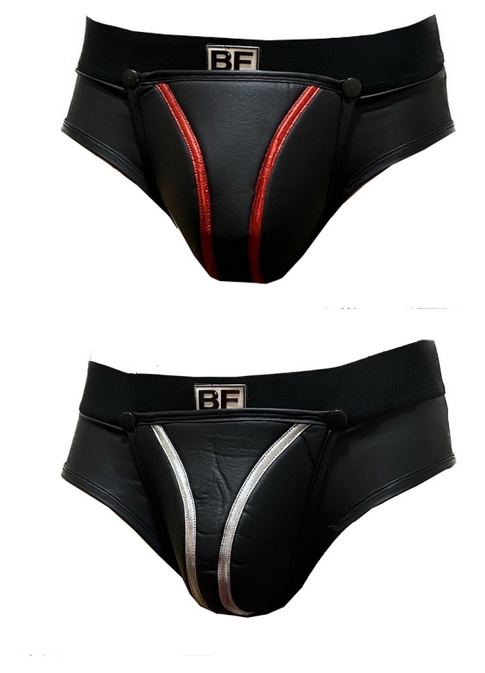 Slip homme zipp entre fesses et coque amovible Aspect cuir noir-rouge-argent