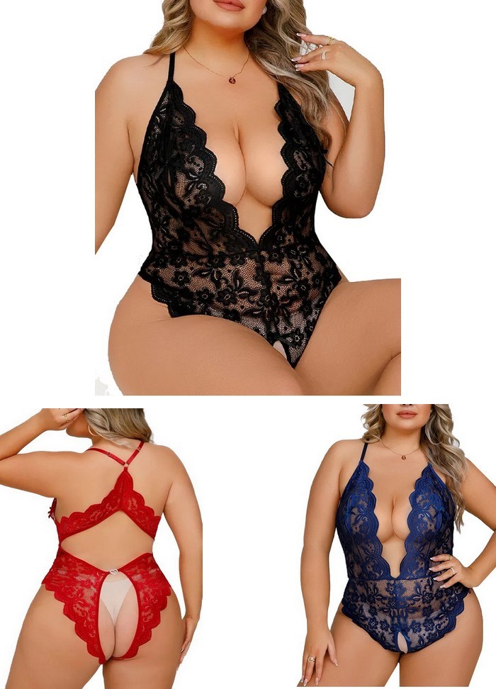 Body sexy en dentelle ouvert entre les jambes tres Grande Taille-noir-rouge-bleu