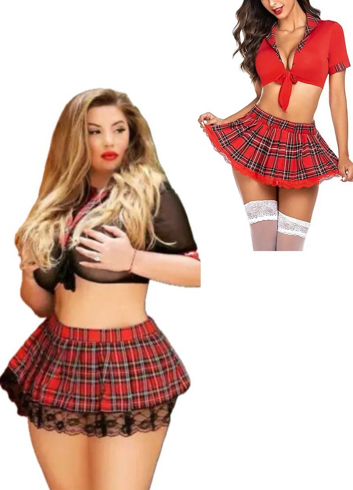 Uniforme tenue d'écolière sexy 2 pièces Grande Taille ecossais rouge