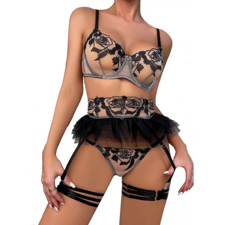 Lingerie sexy pour femme en tulle nude et broderie noire Sophie Libertine Vannes