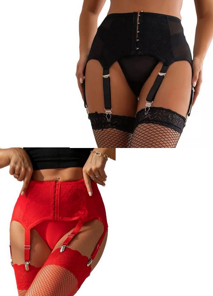 Porte jarretelle Serre-taille 6 jarretelles Tulle & dentelle-noir-rouge