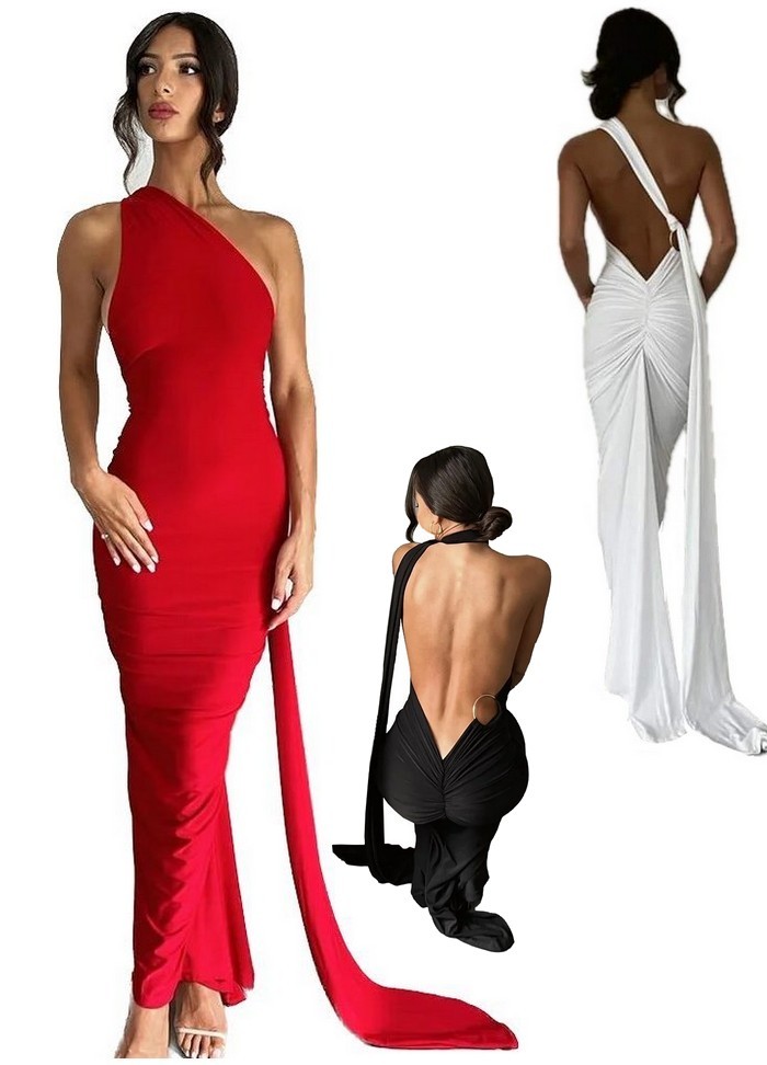 Robe longue très sexy avec un grand décollecte dos rouge-blanc-noir