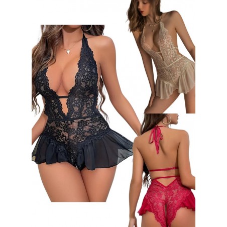 Body sexy pour femme en dentelle et tulle noir blanc ou rouge