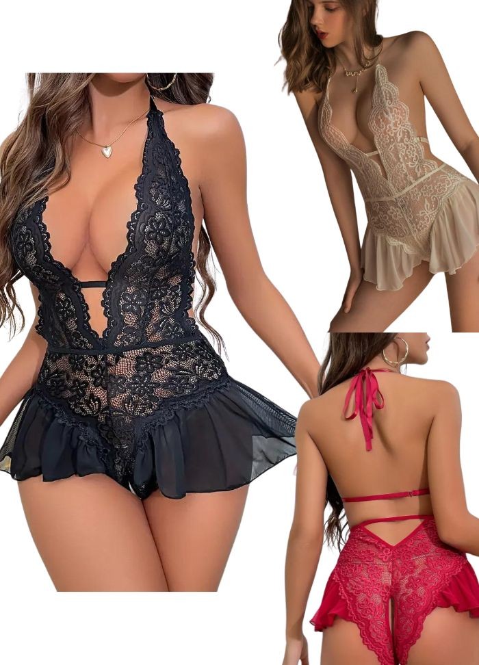 Body sexy pour femme en dentelle et tulle noir blanc ou rouge