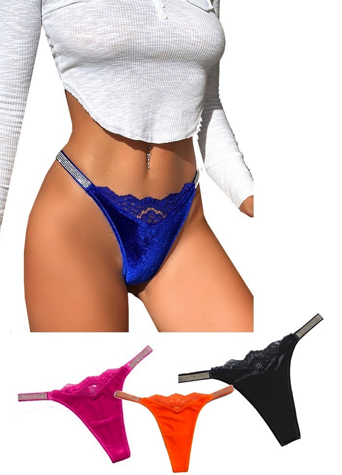 Joli petit string femme velours bleu-orange-noir-rose avec strass-sophie-libertine