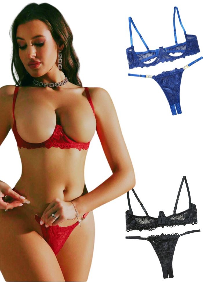 Lingerie coquine pour femme en dentelle rouge seins nu avec string ouvert en vente chez Sophie Libertine Vannes