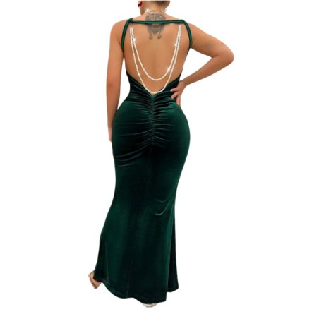 robe longue en velours vert sapin-grand dos nu-fines bretelles-taille xl-sexshop