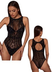 body sexy non ouvert a l'entrejambe en taille unique noir avec des strass brillants