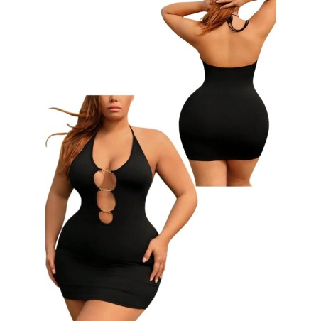 mini robe moulante noir avec détail doré sur l'avant et dos nu en vente chez sophielibertine