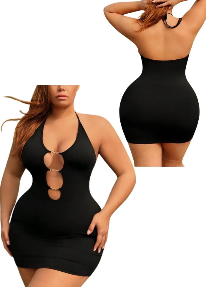 mini robe moulante noir avec détail doré sur l'avant et dos nu en vente chez sophielibertine