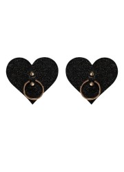 Jolie paire de nippies noir pailleté en forme de cœur avec des anneaux en metal