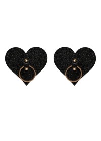 Jolie paire de nippies noir pailleté en forme de cœur avec des anneaux en metal