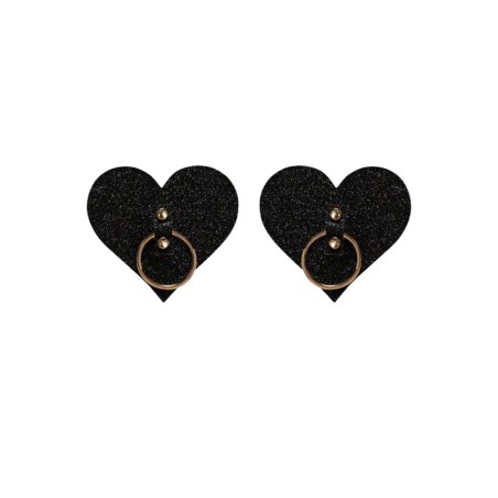 Jolie paire de nippies noir pailleté en forme de cœur avec des anneaux en metal