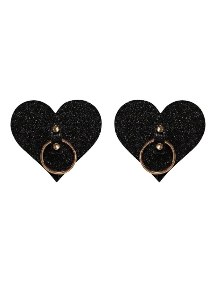 Jolie paire de nippies noir pailleté en forme de cœur avec des anneaux en metal